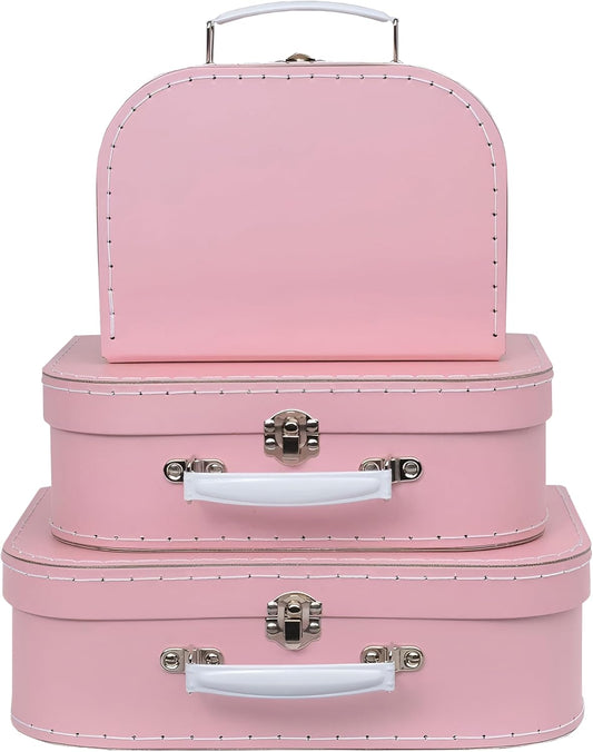 Jewelkeeper Vintage Suitcase Storage Boxes - 3 Sizes: Small (8x6x3 in), Medium (10x7x3.2 in), Large (11.5x7.5x3.75 in) - Baby Pink, Stackable, Sturdy Cardboard - Perfect for Decor, Storage, or Gifts