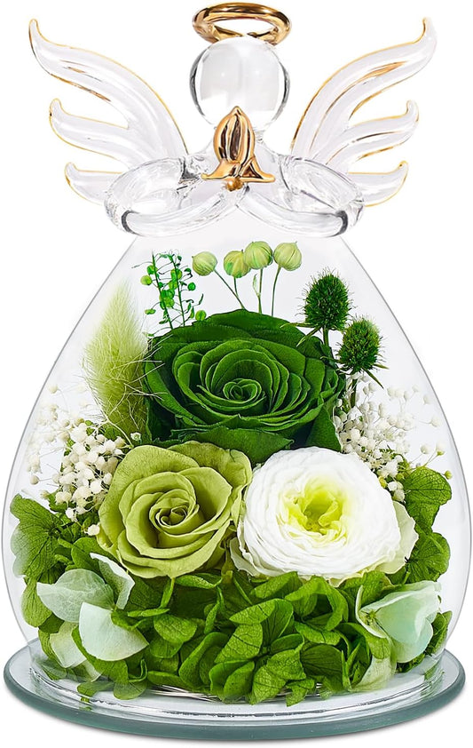 Gifts for Women Birthday Preserved Rose Forever Flower in Glass Angel Figurines Fresh Flowers for Delivery Prime for Mom Real Green Roses for Grandma Sister Wife Her from Daughter