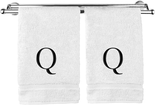 Monogrammed Hand Towel, Personalized Gift, Set of 2- Black Block Letter Embroidered Towel - Extra Absorbent 100% Turkish Cotton - Soft Terry Finish - Initial Q White