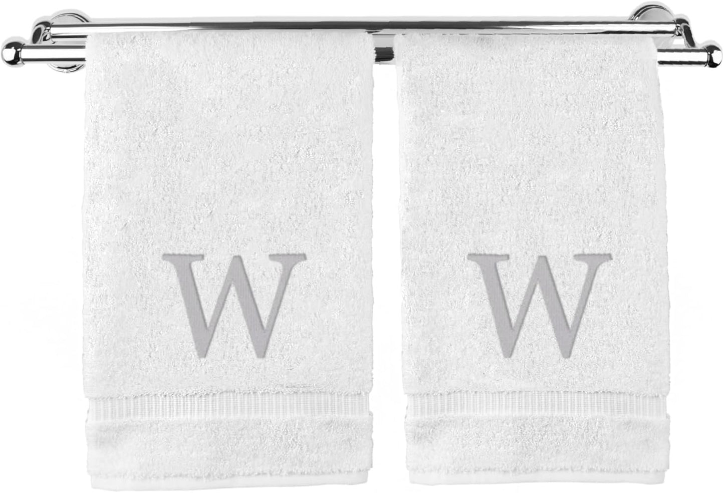 Monogrammed Hand Towel, Personalized Gift, Set of 2- Silver Block Letter Embroidered Towel - Extra Absorbent 100% Turkish Cotton - Soft Terry Finish - Initial W White