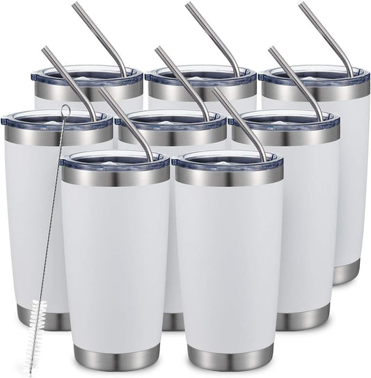 COMOOO 20oz/8Pack White Tumbler Double Wall Vacuum Insulated Coffee Travel Mug Stainless Steel Tumbler Bulk with Lid and Straw Powder Coated Insulated Coffee Cup for Cold & Hot Drinks (White, 8 Pack)