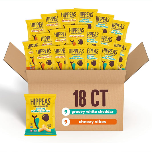 Hippeas Chickpea Puffs, Cheeze Variety Pack: Vegan White Cheddar, Nacho Vibes, 0.8 Ounce (Pack of 18), 3g Protein, 2g Fiber, Vegan, Gluten-Free, Crunchy, Plant Protein Snacks