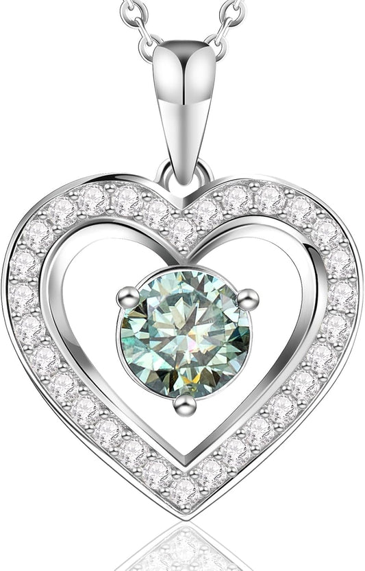 Full Moissanite Heart Necklace - No CZ! 2ct Vibrant Birthstone & 30 White Gems | 12 Month Gifts for Wife, Mom, Her | Anniversary, Valentine's Day, Mother's Day Jewelry