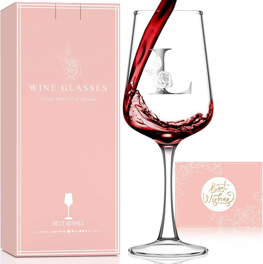 Monogrammed Wine Glass Gifts for Women - Personalized A-Z Wine Glasses with Gift Box & Greeting Card | Custom Mothers day, Anniversary, Birthday Gifts for Her, Mom, Wife, Best Friend, Sister,Woman (L)