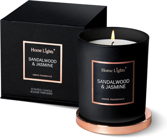 HomeLights Luxury Scented Candle, Natural Soy Wax, Home Fragrance Decor Gift, Sandalwood & Jasmine, Medium Jar