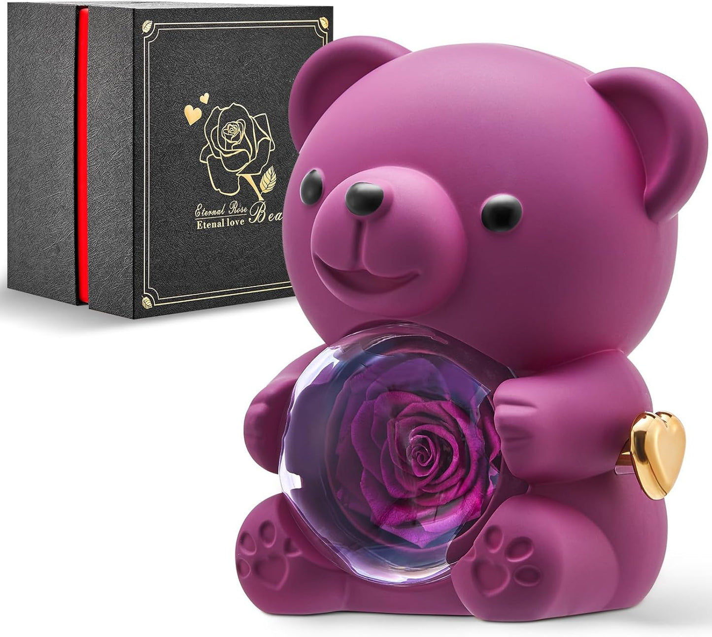 Mikasol Romantic Teddy Purple Bear with Preserved Rose - Real Rose in Elegant Black Gift Box for Anniversaries, Weddings, Bridal Showers, and Mother's Day