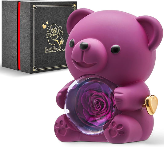 Mikasol Romantic Teddy Purple Bear with Preserved Rose - Real Rose in Elegant Black Gift Box for Anniversaries, Weddings, Bridal Showers, and Mother's Day
