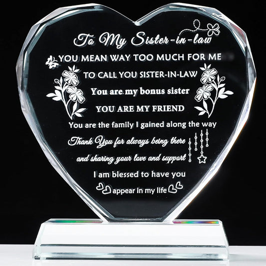 YWHL Sister in Law Birthday Gifts Heart Crystal Keepsake Wedding Gifts for Sister in Law Unique Gift Ideas for Christmas Mother's Day Thanksgiving