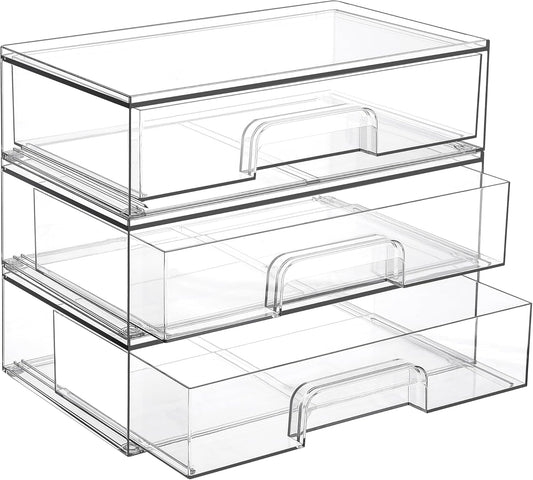 Vtopmart 12.1''W Clear Stackable Storage Drawers,3 Pack Acrylic Plastic Organizers Bins for Makeup Palettes, Cosmetics, and Beauty Supplies,Ideal for Vanity, Bathroom,Cabinet,Desk Organization