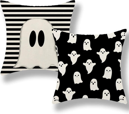Halloween Decor Pillow Covers 20x20 Set of 2 Cute Black Stripes Ghost Decorative Throw Pillow Covers Halloween Pillow Covers for Halloween Decoration Linen Cushion Case for Home Sofa Couch