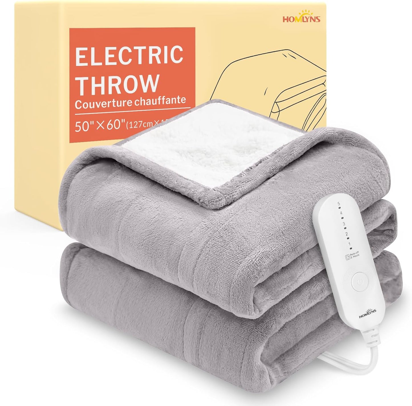 HOMLYNS LuxeHeat Heated Blanket Electric Blanket, Soft Flannel Sherpa Heated Throw, Heating Blanket with 5 Heat Settings, 3 hrs Timer Auto Shut Off (50x60 inches, Taupe)