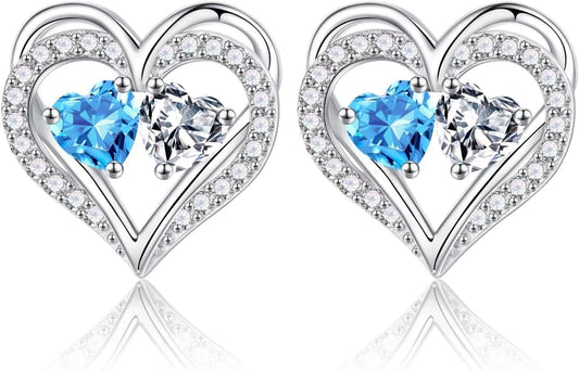 Iefil Birthstone Earrings for Women - 925 Sterling Silver Heart Earrings Anniversary Birthday Gifts for Women Wife Girlfriend Mom
