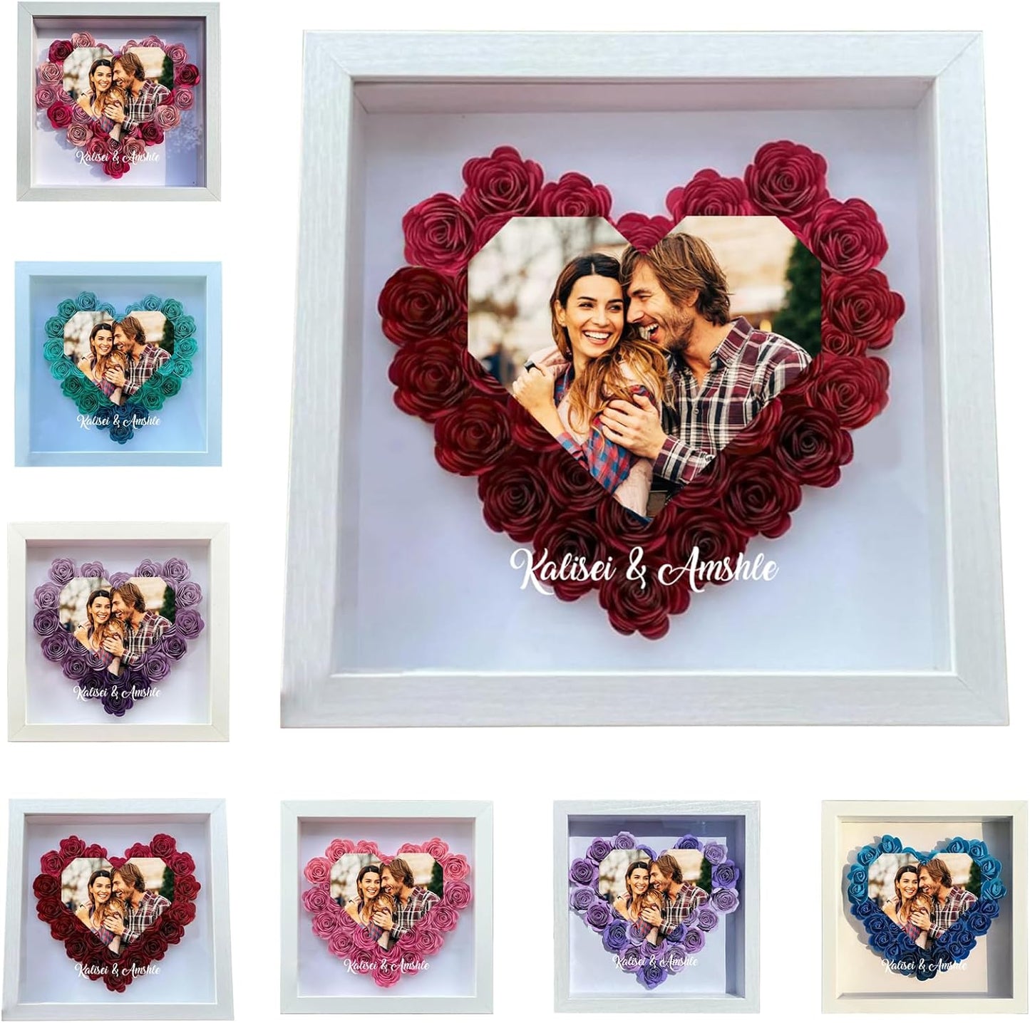 Custom Heart Photo Rose Flower Shadow Box Personalized Couple Name Picture Frame Valentine's Day Memory Display Case Rose Flower Gift Box Romantic Gift for Lover Girlfriend Wife