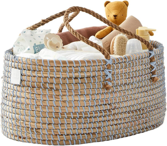 BEBE BASK Premium Light Blue Baby Diaper Caddy Organizer -Handmade - Seagrass Basket With Cotton Divider - Award-Winning & Luxury Diaper Caddy Basket - (Dove)