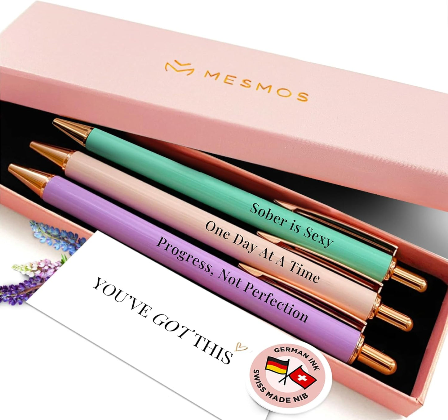 MESMOS Meaningful Sobriety Gifts for Women, 3pk Fancy Pen Set with German-Made Ink, Inspirational Pens, Proud of You Sober Gifts, Sober Affirmation Quote