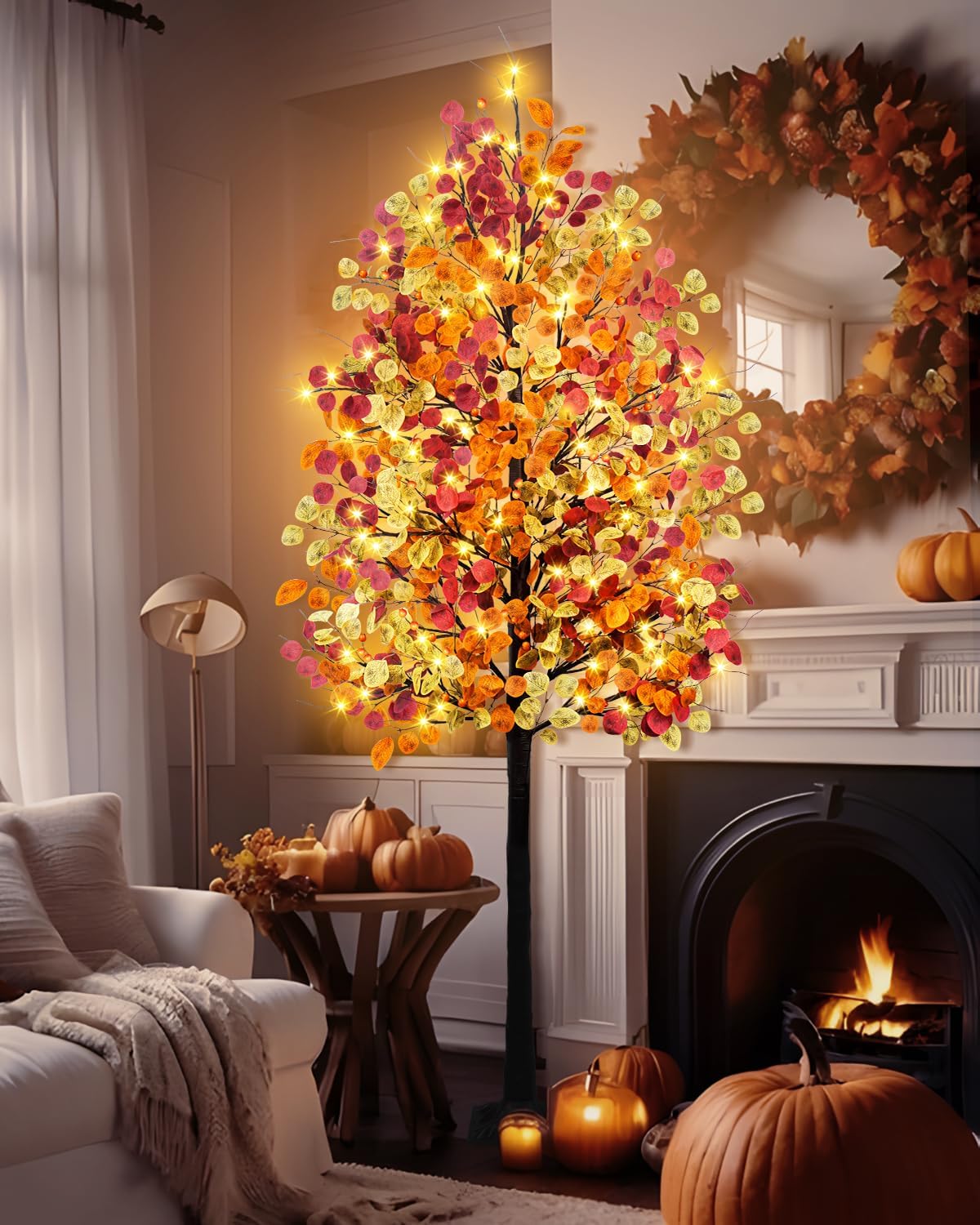 7FT Lighted Fall Eucalyptus Tree Artificial Autumn Tree 128 LED Lights Thanksgiving Eucalyptus Leaves Tree for Fall Wedding Party Harvest Home Indoor Decor