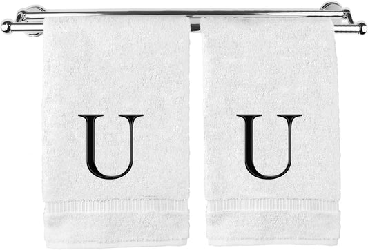 Monogrammed Hand Towel, Personalized Gift, Set of 2- Black Block Letter Embroidered Towel - Extra Absorbent 100% Turkish Cotton - Soft Terry Finish - Initial U White