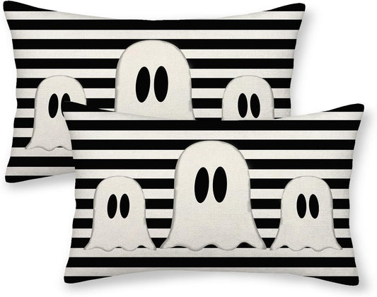 Halloween Pillow Covers 12x20 Set of 2 Black Stripe Cute Ghost Throw Pillcase Decorative Cushion Case for Couch Sofa Outdoor Decor
