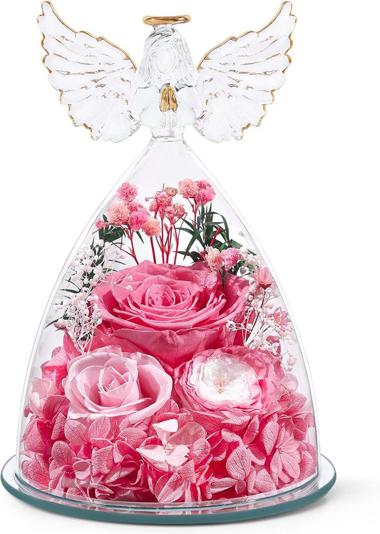 FIACO Gifts for Women Preserved Rose Forever Flower in Glass Angel Figurine Fresh Flowers for Delivery Prime Mothers Day Birthday Gifts for Mom Grandma Wife Sister Pink