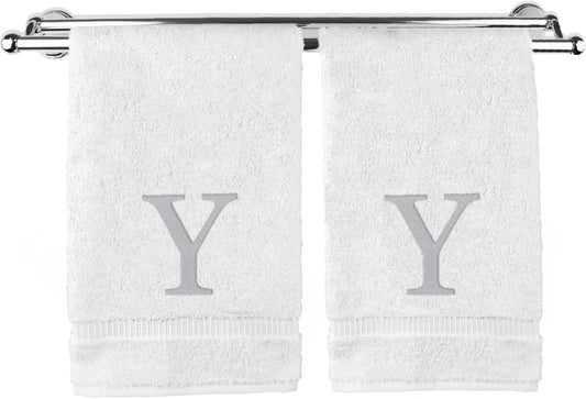 Monogrammed Hand Towel, Personalized Gift, Set of 2- Silver Block Letter Embroidered Towel - Extra Absorbent 100% Turkish Cotton - Soft Terry Finish - Initial Y White
