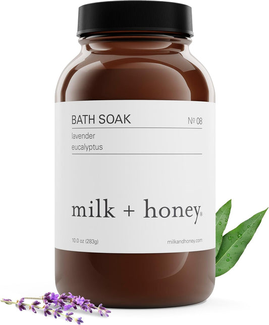 milk + honey No. 8 Calming Bath Soak – Moisturizing Epsom Salt with Lavender & Eucalyptus – Relaxing Aromatherapy Soak for Sore Muscles, Dry Skin & Stress Relief – 10 oz
