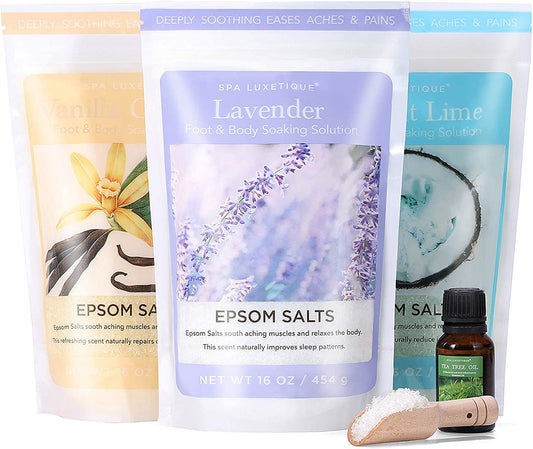 Spa Luxetique Epsom Salts for Soaking, Bath Salts for Women Gifts Set with Lavender, Vanilla and Coconut Scent Bath Set with Tea Tree Oil for Mom Christmas Gifts