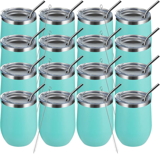 MEWAY 12oz Wine Tumbler 16 Pack Bulk Gifts for Women,Double Wall Vacuum Stainless Steel Travel Mug with Lid,Insulated Stemless Wine Cup Glass for Coffee,Cocktails(Light green,Set of 16)