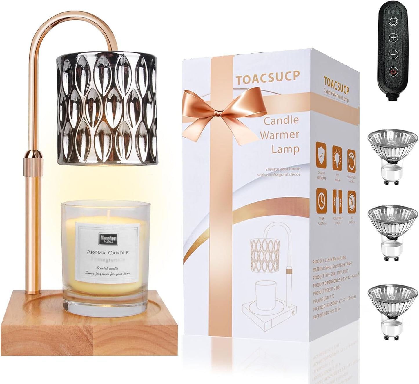 Candle Warmer Lamp with 3 Bulbs, Adjustable Height Dimmable Candle Warmer with Timer, Compatible with Large Jar Candles, Candle Lamp with Charming Gift Box Ribbon for Her/Him