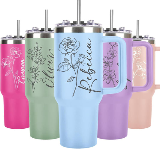 Personalized 40 Oz Tumbler with Handle Custom Tumbler with Name & Birth Flower Month, Stainless Steel Travel Coffee Mug Cup, Birthday Gifts Personalized Gifts for Women Men