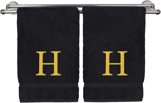 Monogrammed Hand Towel, Personalized Gift, Set of 2- Gold Block Letter Embroidered Towel - Extra Absorbent 100% Turkish Cotton - Soft Terry Finish - Initial H Black