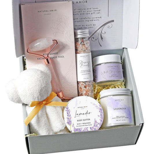 Natural Amor- Lavender Spa Gift Set-6pc Handmade Bath Gift for Women or Men including Body Butter, Natural Clay Mask, Bath Salt, Candle