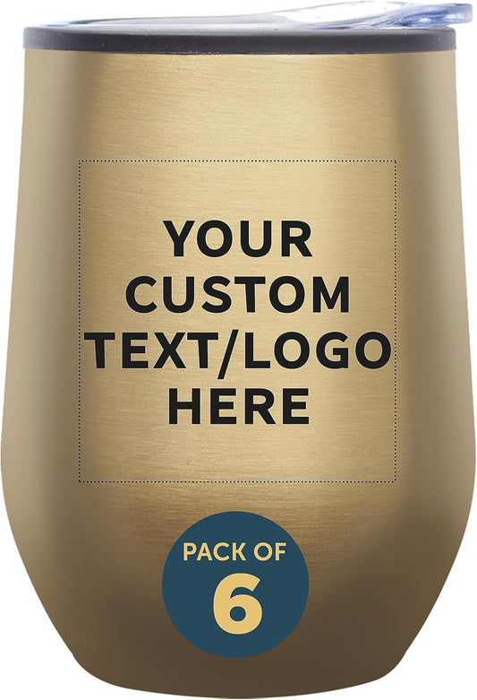 Custom Stemless Wine Tumblers 12 oz. Set of 6, Personalized Bulk Pack - Insulated, Perfect for Wine, Cocktails, Other Hot & Cold Beverages - Gold