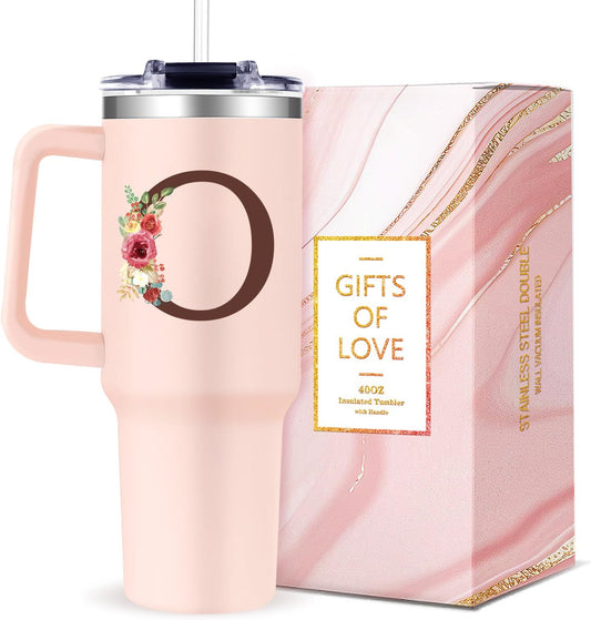 Monogrammed 40oz Tumbler with Handle for Women, Personalized Birthday Gifts for Women,Initial Cups for Woman Floral Letter 0,Customized Gifts for Female Lady Gift for Mothers Day Christmas