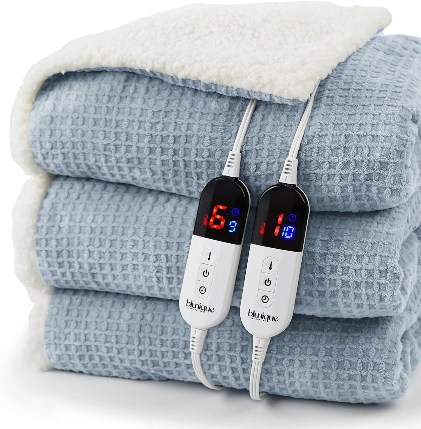 Heated Blanket Electric Blanket King Waffle, 90x100 Inches Dual Controllers Sherpa Fleece Fast Heating Blanket 6 Heating Levels & 10 Hours Auto Off ETL Certification, Haze Blue King