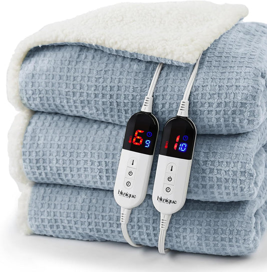 Heated Blanket Electric Blanket Queen Waffle, 84x90 Inches Dual Controllers Sherpa Fleece Fast Heating Blanket 6 Heating Levels & 10 Hours Auto Off ETL Certification, Haze Blue Queen