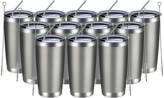 MEWAY 20oz Tumbler 12 Pack Double Wall Vacuum Insulated Travel Mug Bulk, Stainless Steel Tumblers with Lid and Straw, Durable Powder Coated Coffee Cups for Cold & Hot Drinks (Cold Gray, 12)
