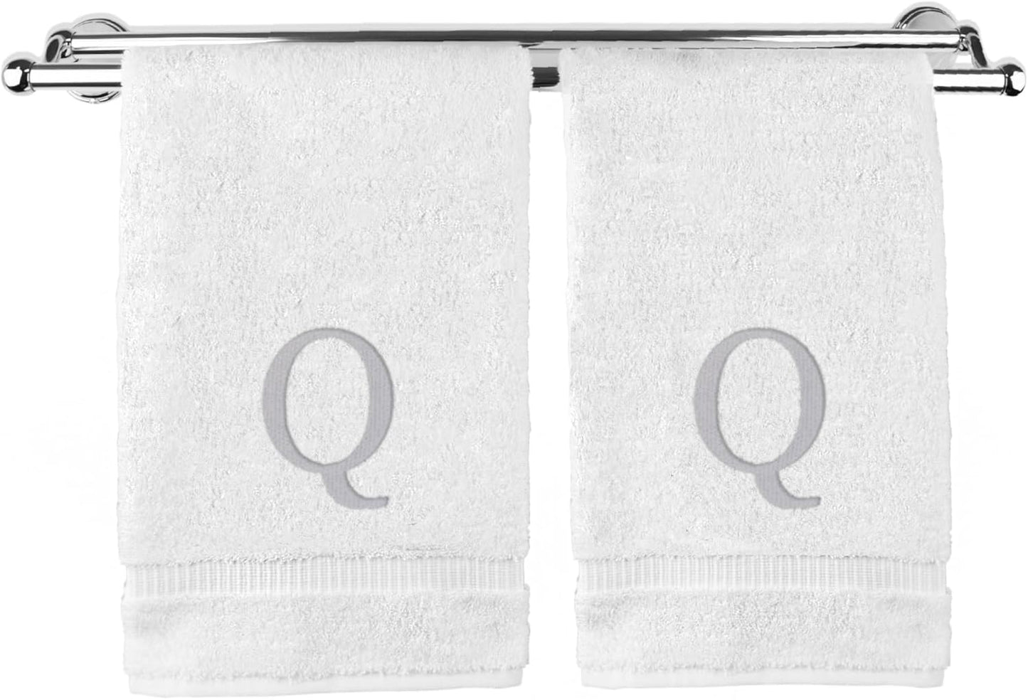 Monogrammed Hand Towel, Personalized Gift, Set of 2- Silver Block Letter Embroidered Towel - Extra Absorbent 100% Turkish Cotton - Soft Terry Finish - Initial Q White