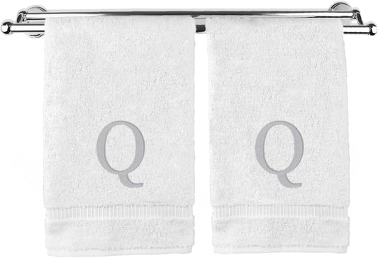 Monogrammed Hand Towel, Personalized Gift, Set of 2- Silver Block Letter Embroidered Towel - Extra Absorbent 100% Turkish Cotton - Soft Terry Finish - Initial Q White