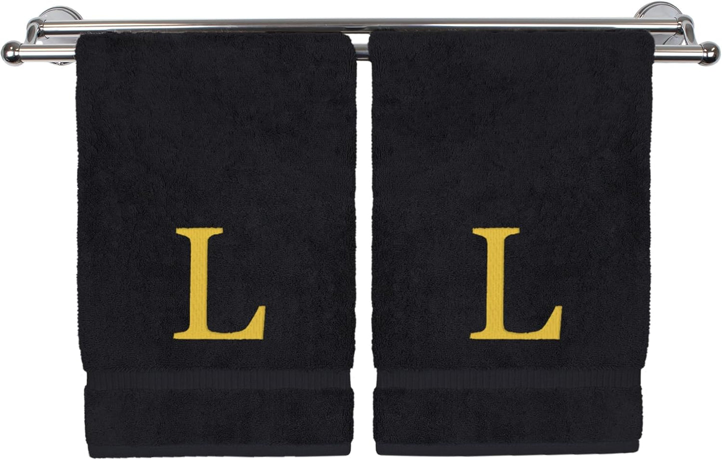 Monogrammed Hand Towel, Personalized Gift, Set of 2- Gold Block Letter Embroidered Towel - Extra Absorbent 100% Turkish Cotton - Soft Terry Finish - Initial L Black
