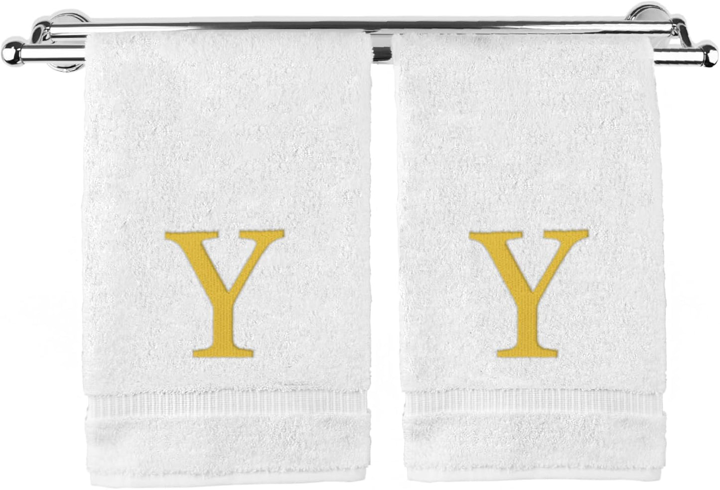 Monogrammed Hand Towel, Personalized Gift, Set of 2- Gold Block Letter Embroidered Towel - Extra Absorbent 100% Turkish Cotton - Soft Terry Finish - Initial Y White