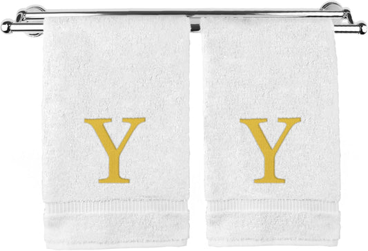 Monogrammed Hand Towel, Personalized Gift, Set of 2- Gold Block Letter Embroidered Towel - Extra Absorbent 100% Turkish Cotton - Soft Terry Finish - Initial Y White