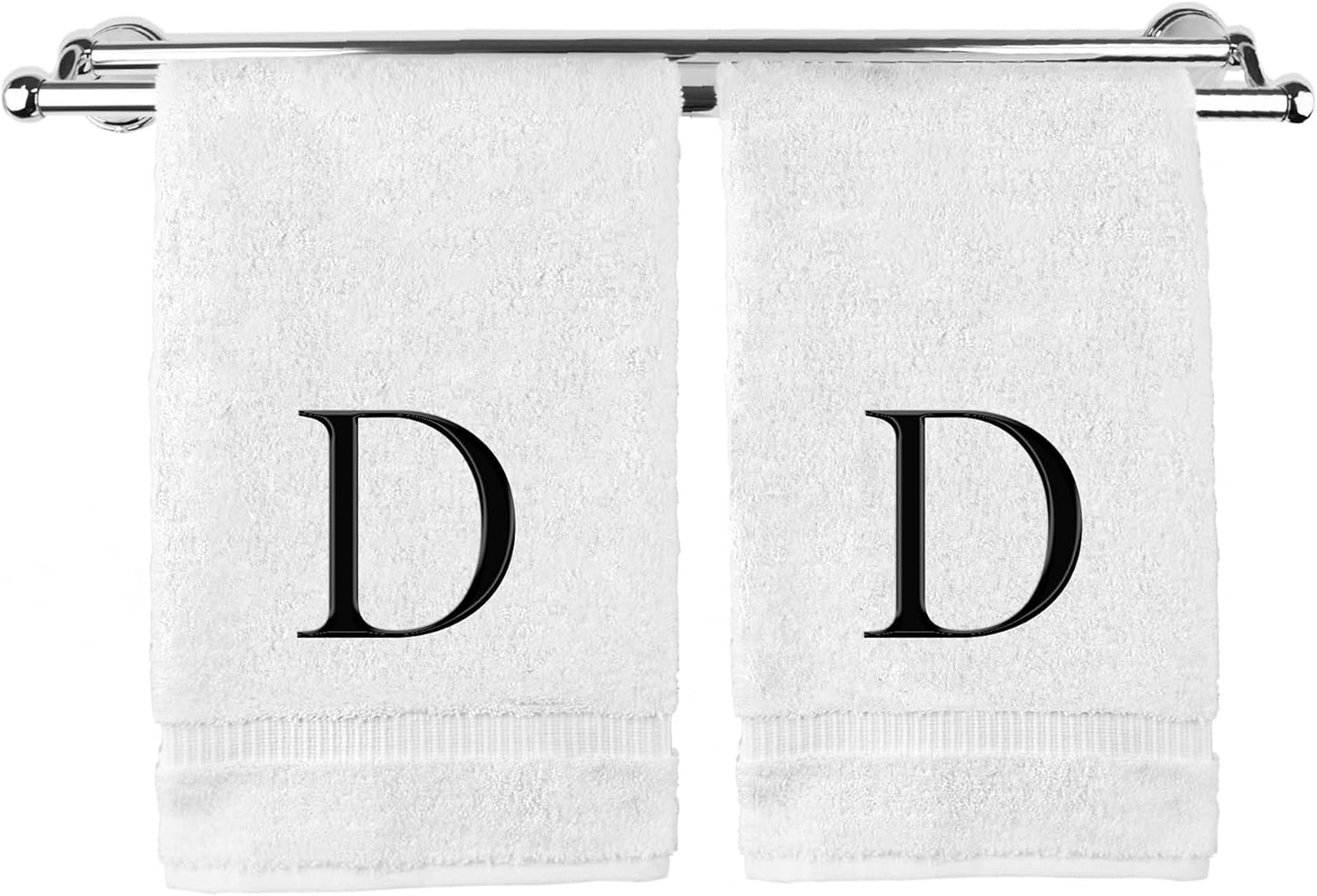 Monogrammed Hand Towel, Personalized Gift, Set of 2- Black Block Letter Embroidered Towel - Extra Absorbent 100% Turkish Cotton - Soft Terry Finish - Initial D White