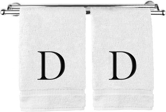 Monogrammed Hand Towel, Personalized Gift, Set of 2- Black Block Letter Embroidered Towel - Extra Absorbent 100% Turkish Cotton - Soft Terry Finish - Initial D White