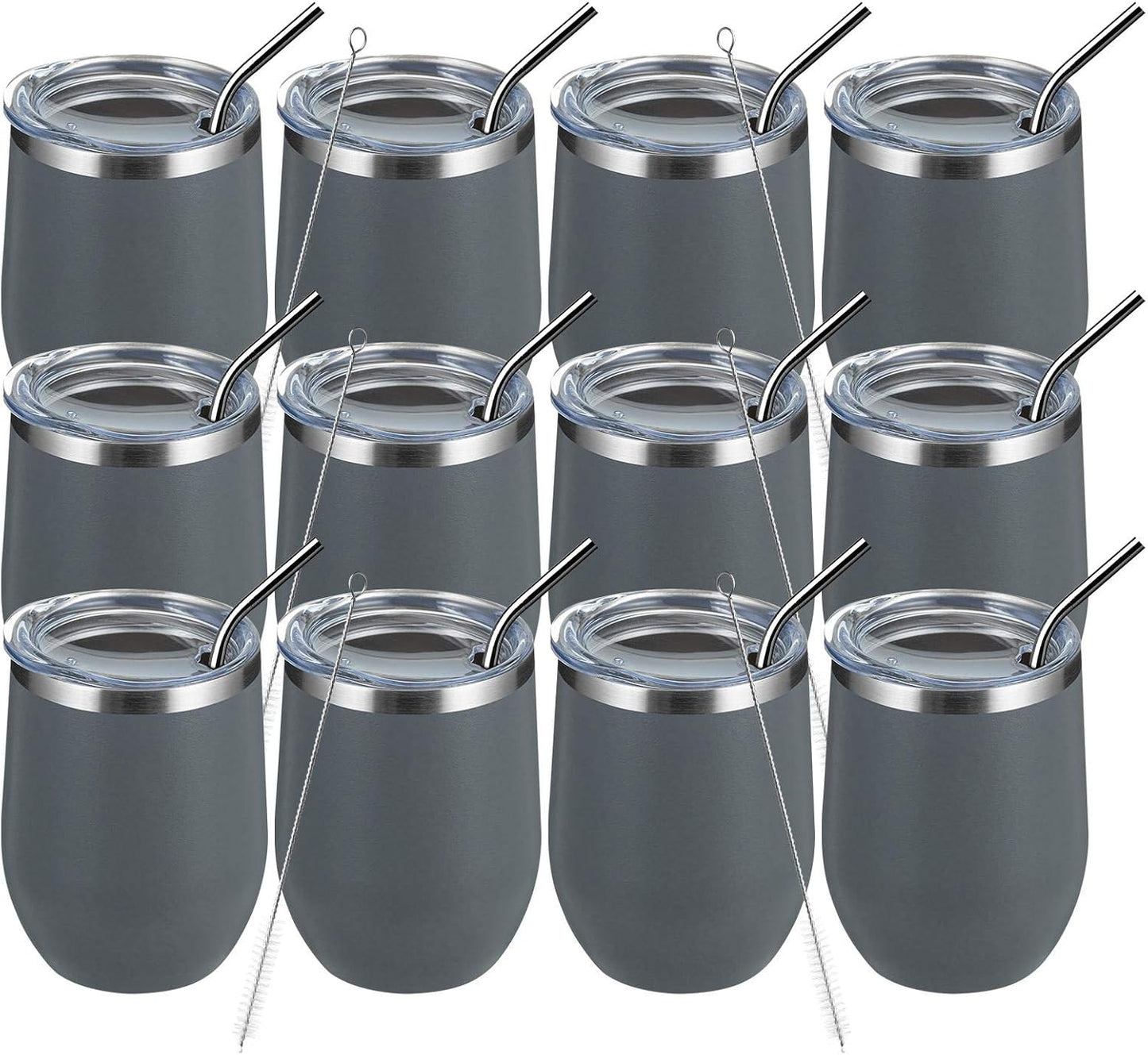 MEWAY 12oz/12 Pack Wine Tumbler Glasses with Lid -Double Wall Vacuum Stainless Steel Travel Tumbler Mug,Stemless Insulated Wine Cup for,Coffee,Cocktails,Gifts(Gray,Set of 12)