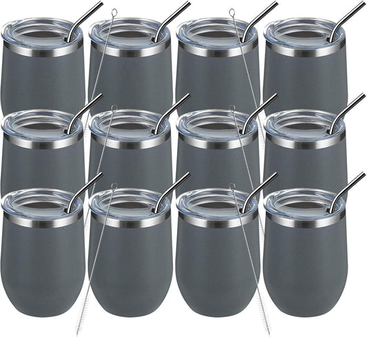 MEWAY 12oz/12 Pack Wine Tumbler Glasses with Lid -Double Wall Vacuum Stainless Steel Travel Tumbler Mug,Stemless Insulated Wine Cup for,Coffee,Cocktails,Gifts(Gray,Set of 12)