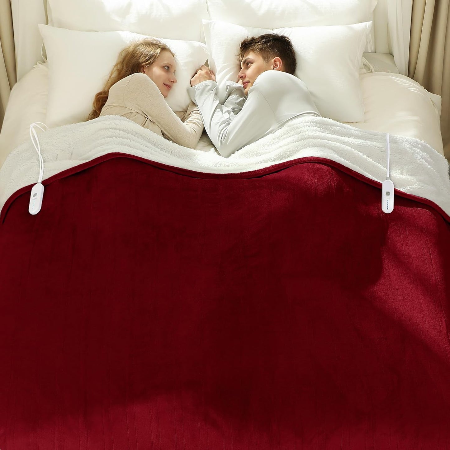 Electric Blanket Queen Size 84" x 90" - Flannel Sherpa Washable Heated Blanket with Dual Control, 5 Heating Levels & 10 Hours Auto Off, Heating Blanket with Overheat Protection for Home(Red)