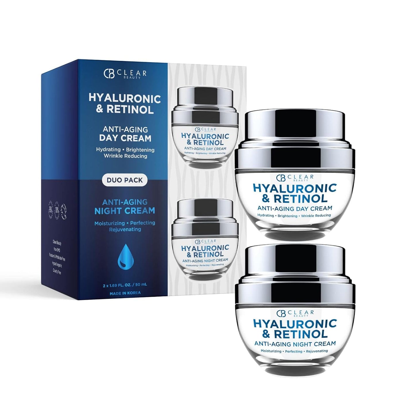 Hyaluronic Acid & Retinol Day/Night Moisturizer Set - Dermatologist Tested, Anti-Aging, Hydrating Fine Lines & Wrinkles, Clean Beauty, Cruelty-Free Korean Skin Care - 1.69oz (2 Pack)