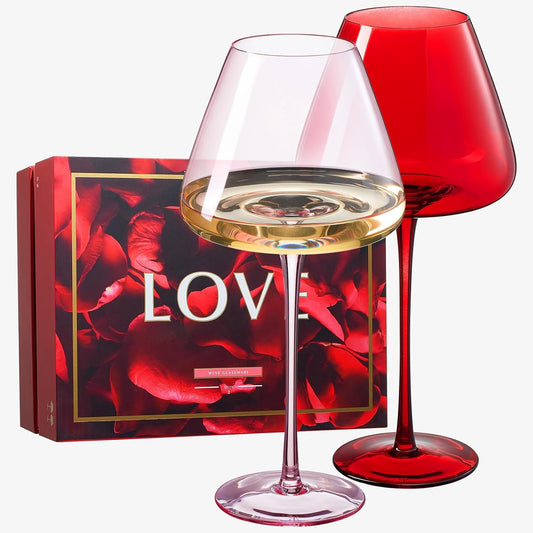 Khen Love Red & Pink Crystal Wine Glasses | Set of 2 | Italian Style Tall Stemmed 24 oz Glasses, Love Gifts, Birthday, Anniversary, Heart Drinkware,