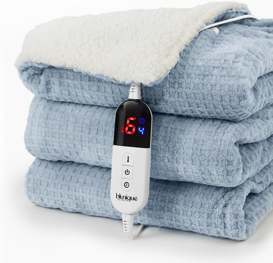 Heated Blanket Electric Throw Waffle, 50x60 Inches Sherpa Fleece Fast Heating Blanket 6 Heating Levels & 4 Hours Auto Off ETL Certification,Haze Blue Throw