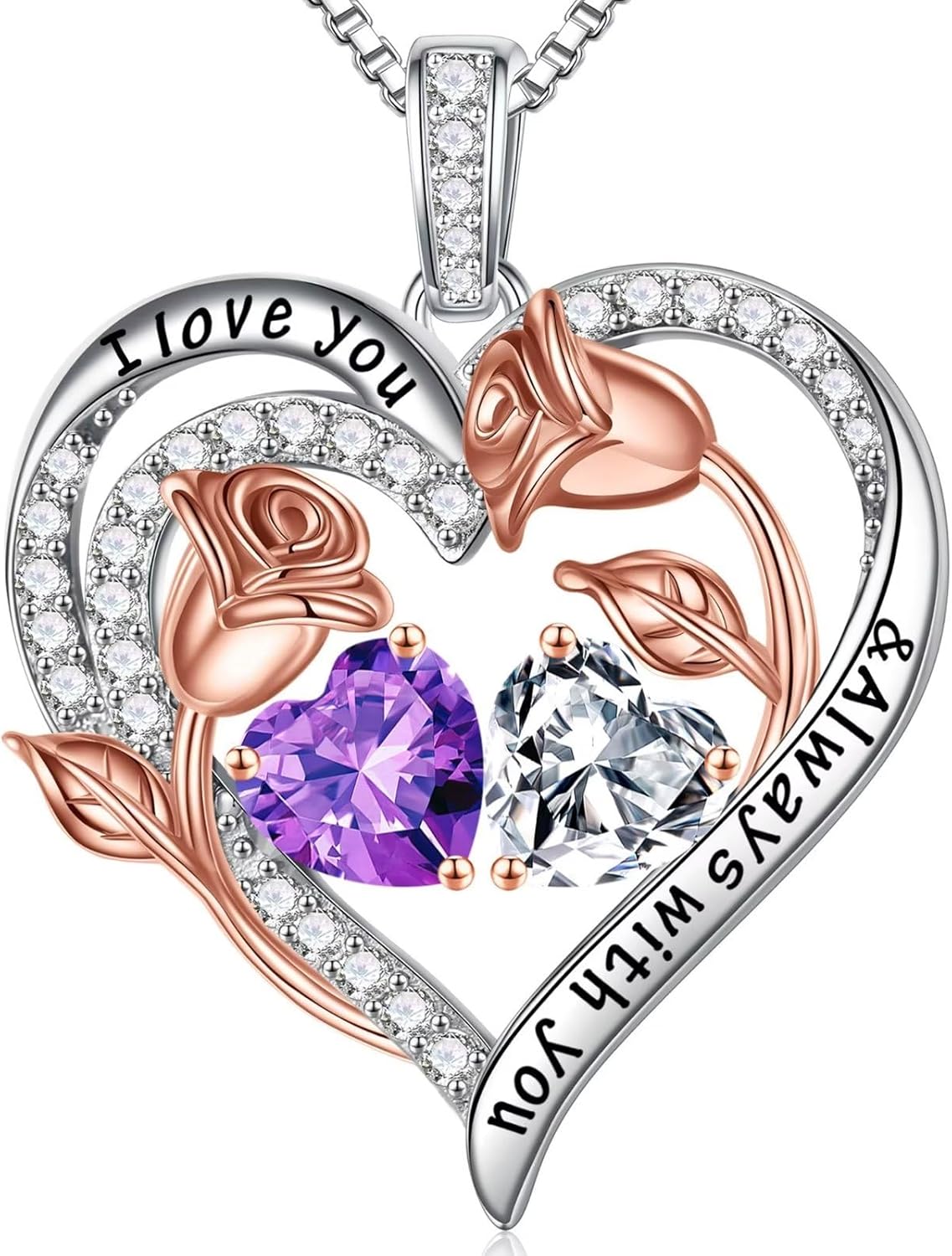 Iefil Birthstone Necklace for Women - 925 Sterling Silver Rose Heart Birthstone Necklace Birthday Anniversary Jewelry Gifts for Her Wife Mom Daughter